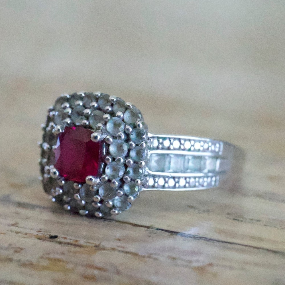 925 Sterling Silver Lab Ruby Double Halo Cocktail Ring Recencycore Size 7 - Picture 4 of 6